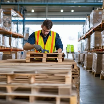 Pallet worker repairing a recycled pallet