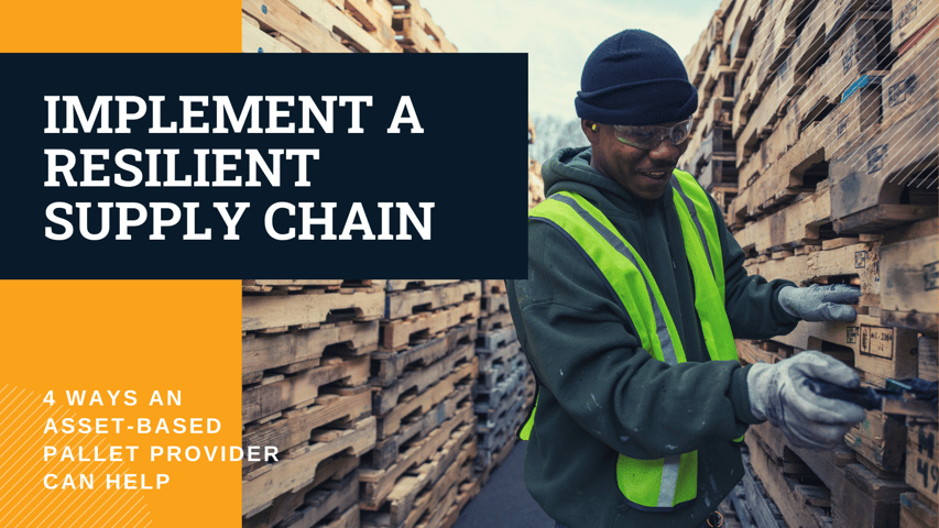 implement a resilient supply chain graphic with stacks of pallets and an employee in the background 